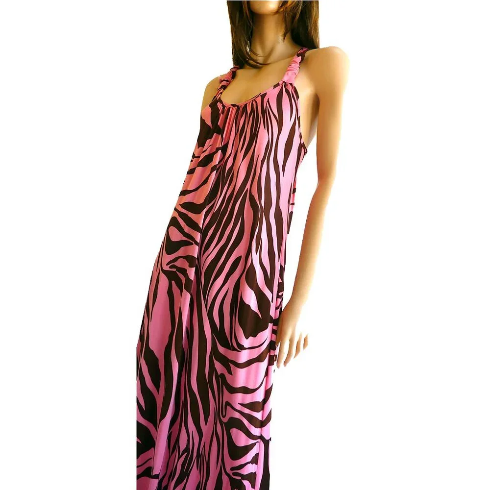 Flora Kung NWT $540 Silk Jersey Pink Brown Boho Maxi Halter Dress 8 - Picture 3 of 4